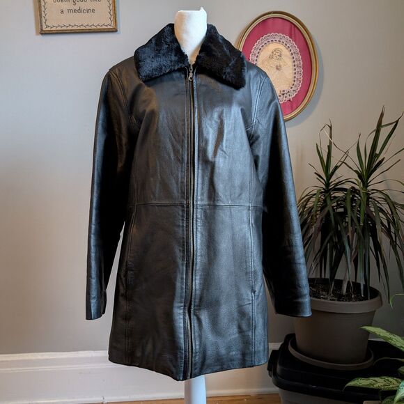 Vintage 90s y2k Cherokee Leather Coat Faux Fur Black Longline Size M - Picture 1 of 13